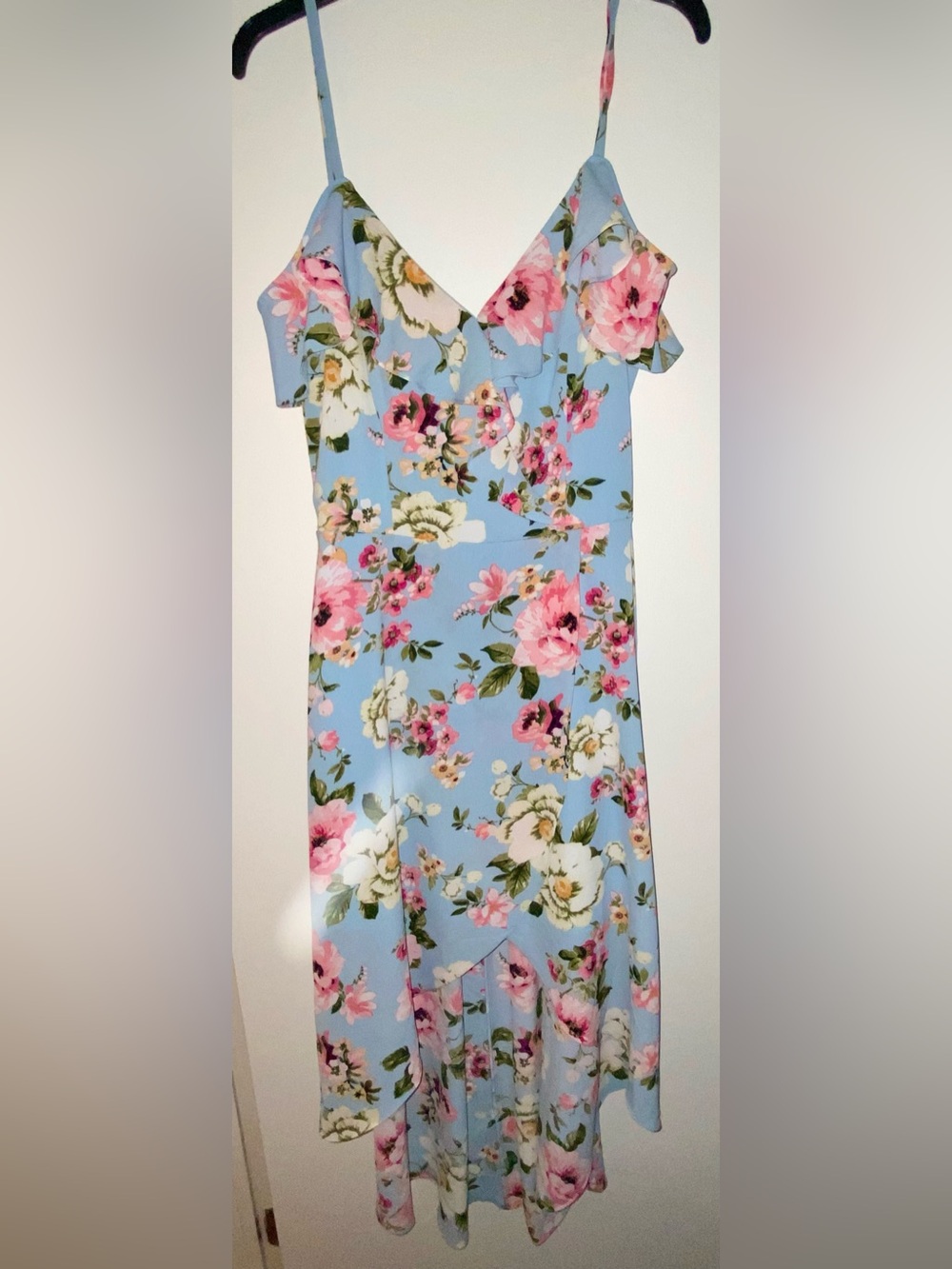 Iz Byer Blue Floral Maxi high low dress with Pink & White Blooms